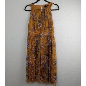 Candalite Dress Womens Large Yellow Mustard Brown Floral Midi Halter Mesh Gather